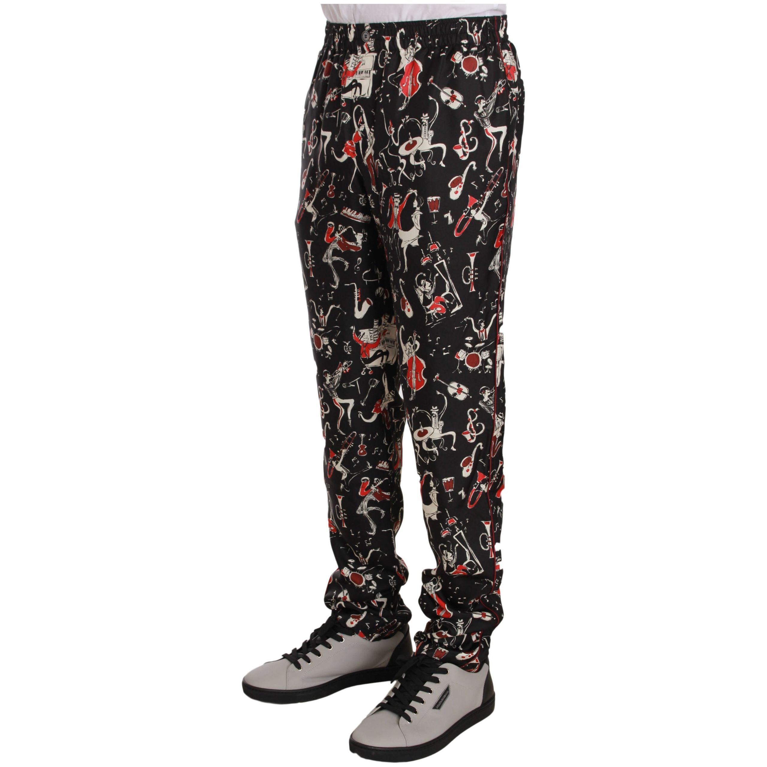 Elegant Black Silk Lounge Pants with Red Print