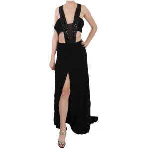 John Richmond Elegant Flare Maxi Evening Dress with Crystal Accents