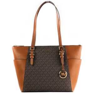 Michael Kors Charlotte Signature Leather Large Top Zip Tote Handbag Bag (Brown)