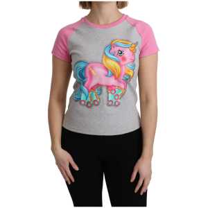 Moschino Chic Gray Crew Neck Cotton T-shirt with Pink Accents