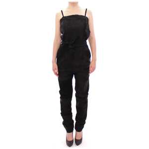 La Maison du Couturier Elegant Black Leather Jumpsuit with Waist Strap