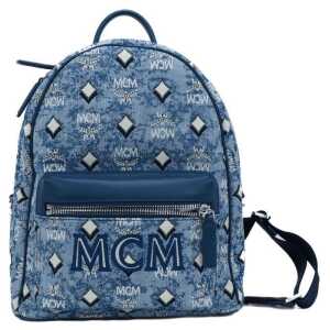 MCM Stark Small Blue Vintage Jacquard Monogram Logo Fabric Backpack Bookbag