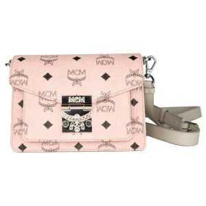 MCM Signature Soft Pink Diamond Logo Leather Mini Flap Lock Crossbody Handbag