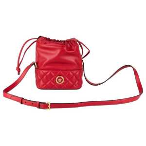 Versace Red Quilted Leather Drawstring Shoulder Bag Bucket Crossbody Handbag