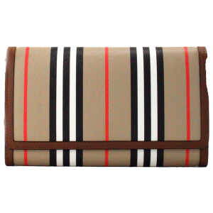 Burberry Hannah Icon Stripe Archive Tan E-Canvas Leather Wallet Crossbody Bag