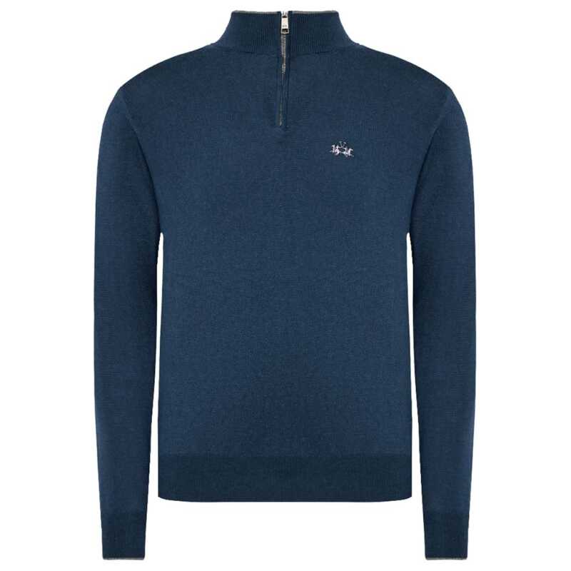 La Martina Blue Wool Men Sweater with Half Zip Closure, theFeinheit