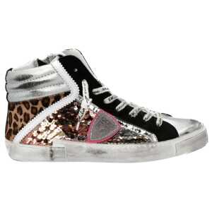 Philippe Model Elegant Gray Leather Sneakers with Sequin Details