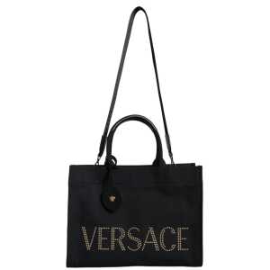 Versace Black Top Handle Canvas Leather Logo Crossbody Tote Bag