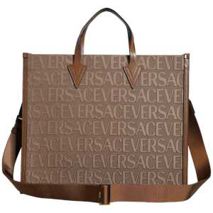 Versace Brown Top Handle Jacquard Leather Logo Crossbody Tote Bag