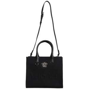 Versace Black Top Handle Canvas Leather Logo Crossbody Tote Bag