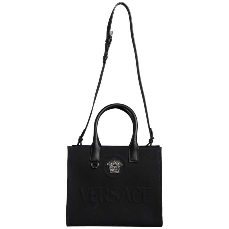Versace Black Top Handle Canvas Leather Logo Crossbody Tote Bag, theFeinheit