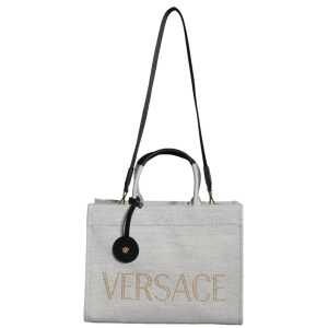 Versace White Top Handle Canvas Leather Logo Crossbody Tote Bag