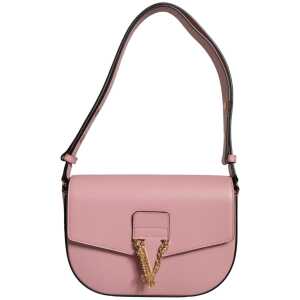 Versace Pink Grainy Calf Leather Logo Crossbody Shoulder Bag