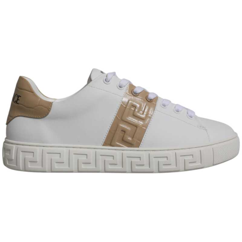 Versace White Brown Greca Print TPU Low Top Men Sneakers Shoes, theFeinheit