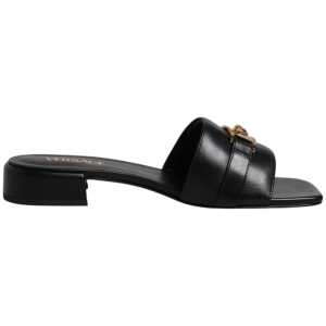 Versace Black Leather Logo Plaque Slip On Slides Flats Shoes