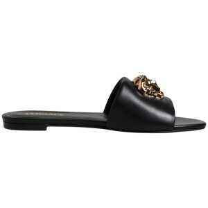 Versace Black Leather Logo Plaque Slip On Slides Flats Shoes