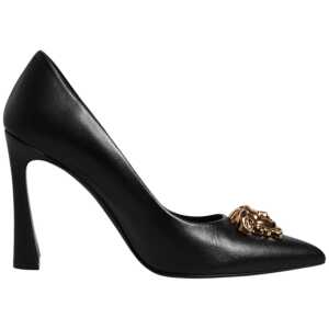 Versace Black Leather Logo Plaque High Heels Pumps Shoes