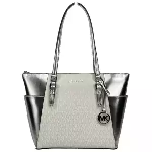 Michael Kors Charlotte Large Leather Top Zip Tote Bag Purse Silver