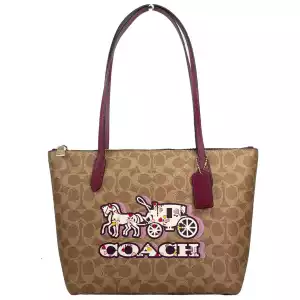 COACH Signature Canvas Fiona Zip Tote Bag Brown