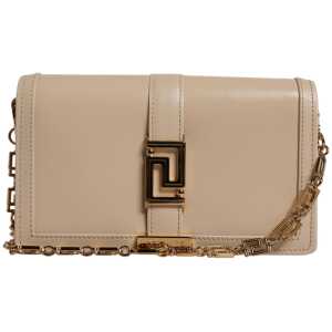 Versace Beige Gold Chain Calf Leather Wallet Crossbody Bag