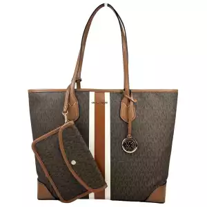 Michael Kors Eva Large Stripe Travel Tote Bag Plus Pouch Brown