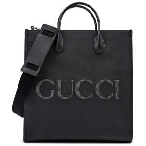 Gucci Black Leather Logo Medium Tote Bag