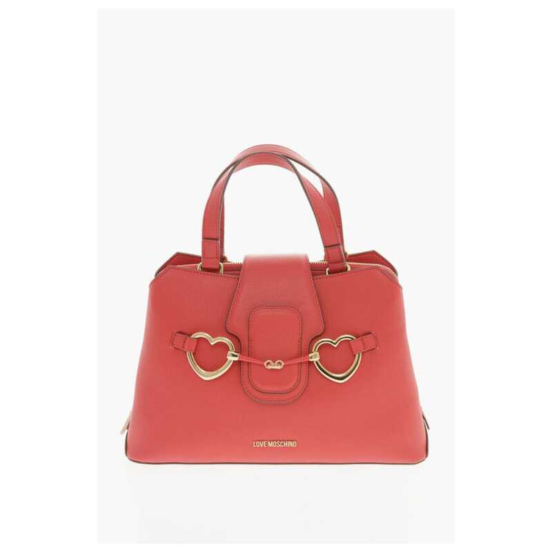 Moschino LOVE Textured Faux Leather Tote Bag with Golden Front Clamp, theFeinheit