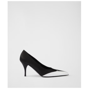 Prada Black Satin And Metallic Silver Leather Pumps