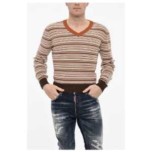Dsquared² Striped Cotton Blend V-neck Sweater