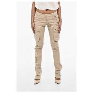 Dsquared² Regular Waist Cotton Twill Cargo Pants with Floral Applicati