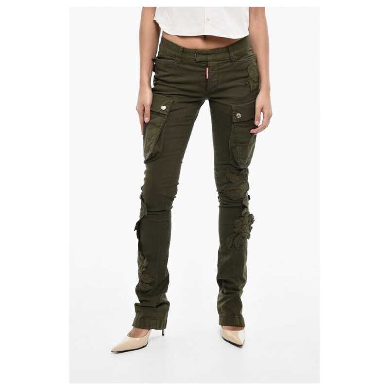 Dsquared² Regular Waist Cotton Twill Cargo Pants with Floral Applicati, theFeinheit