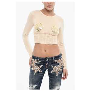 Dsquared² Draped Cropped Top with Embellished Shells