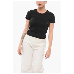 Blumarine Ribbed Crop T-Shirt with Rhinestoned Logo