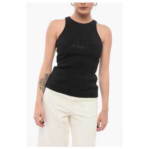 Blumarine Ribbed Tank Top with Rhinestoned Logo