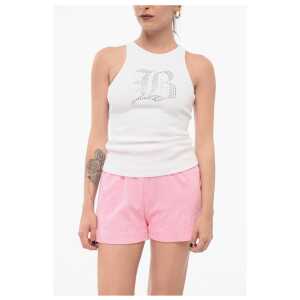 Blumarine Ribbed Tank Top with Rhinestoned Logo