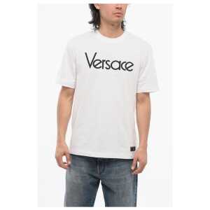 Versace Crew Neck Cotton T-Shirt with Embroidered Logo
