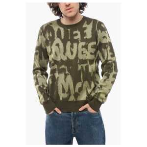 Alexander McQueen Crew Neck Wool Blend Sweater with All-Over Jacquard Logo