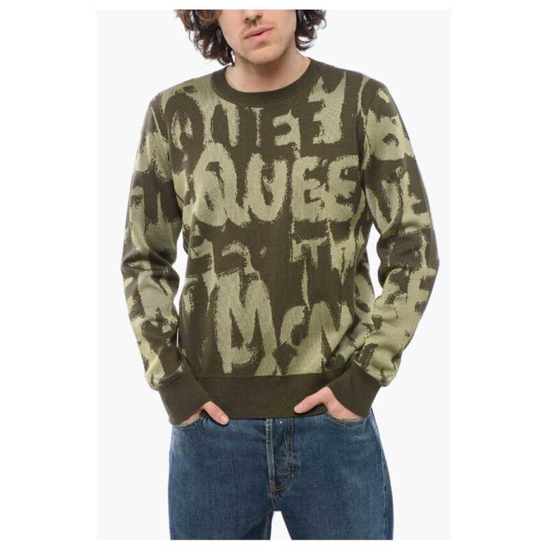 Alexander McQueen Crew Neck Wool Blend Sweater with All-Over Jacquard Logo, theFeinheit