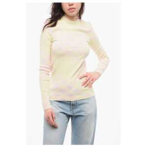 Burberry Crew Neck Ribbed Wool Blend Sweater with Tartan Motif