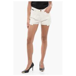 PINKO DENIM Frayed Hem CERESIO Single Pleat Shorts with Cut Out De