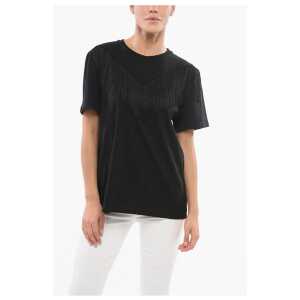 PINKO Cotton UNDER WORLD Crew-neck T-shirt with Fringes