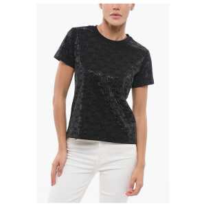 PINKO DENIM All-Over Rhinestone Cotton QUENTIN Crew-neck T-shirt