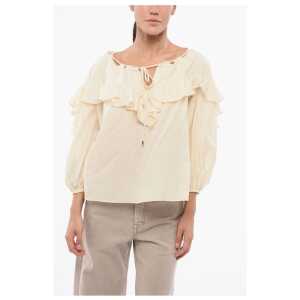 PINKO Solid Color Cotton and Silk BONES Blouse with Ruffles
