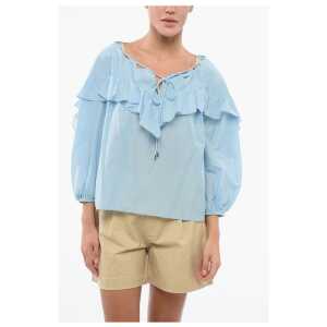 PINKO Solid Color Cotton and Silk BONES Blouse with Ruffles