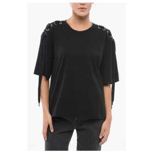PINKO Cotton Crew-neck T-shirt with Lace Up Details