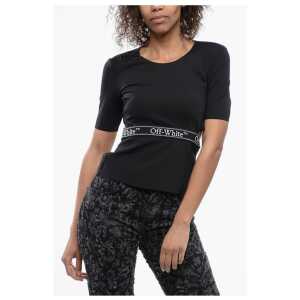 Off-White Short Sleeved Tight-Fitting Top with Cut-Out Detail