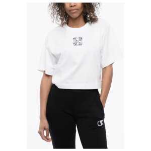 Off-White Crew-neck Crop T-Shirt with Rhinestones Embellished Logo