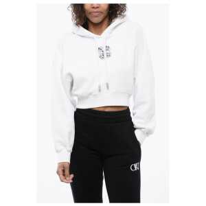 Off-White Brushed Cotton Cropped Hoodie with Rhinestone Embellished Lo