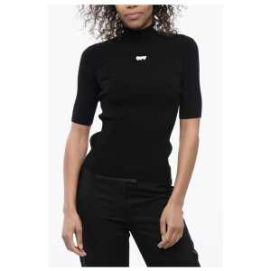 Off-White Ribbed Knit Top with Logoed Patch