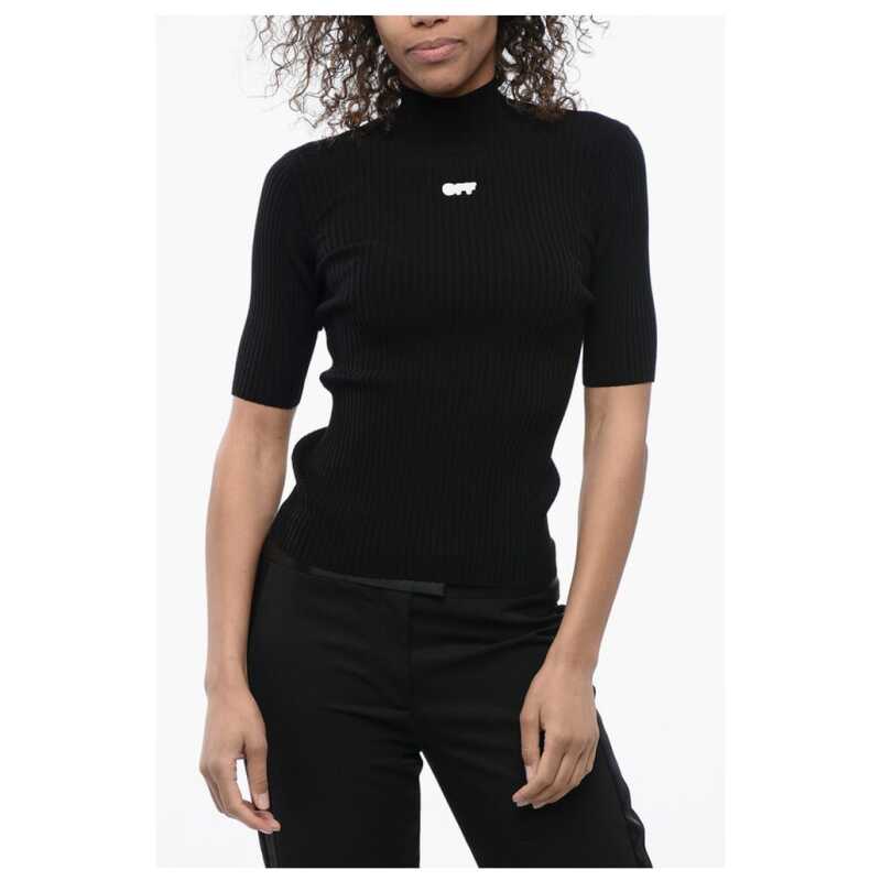 Off-White Ribbed Knit Top with Logoed Patch, theFeinheit